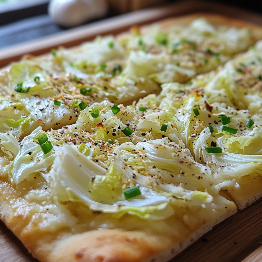 Pizza croustillante aux feuilles de chou, fromage frais et ail