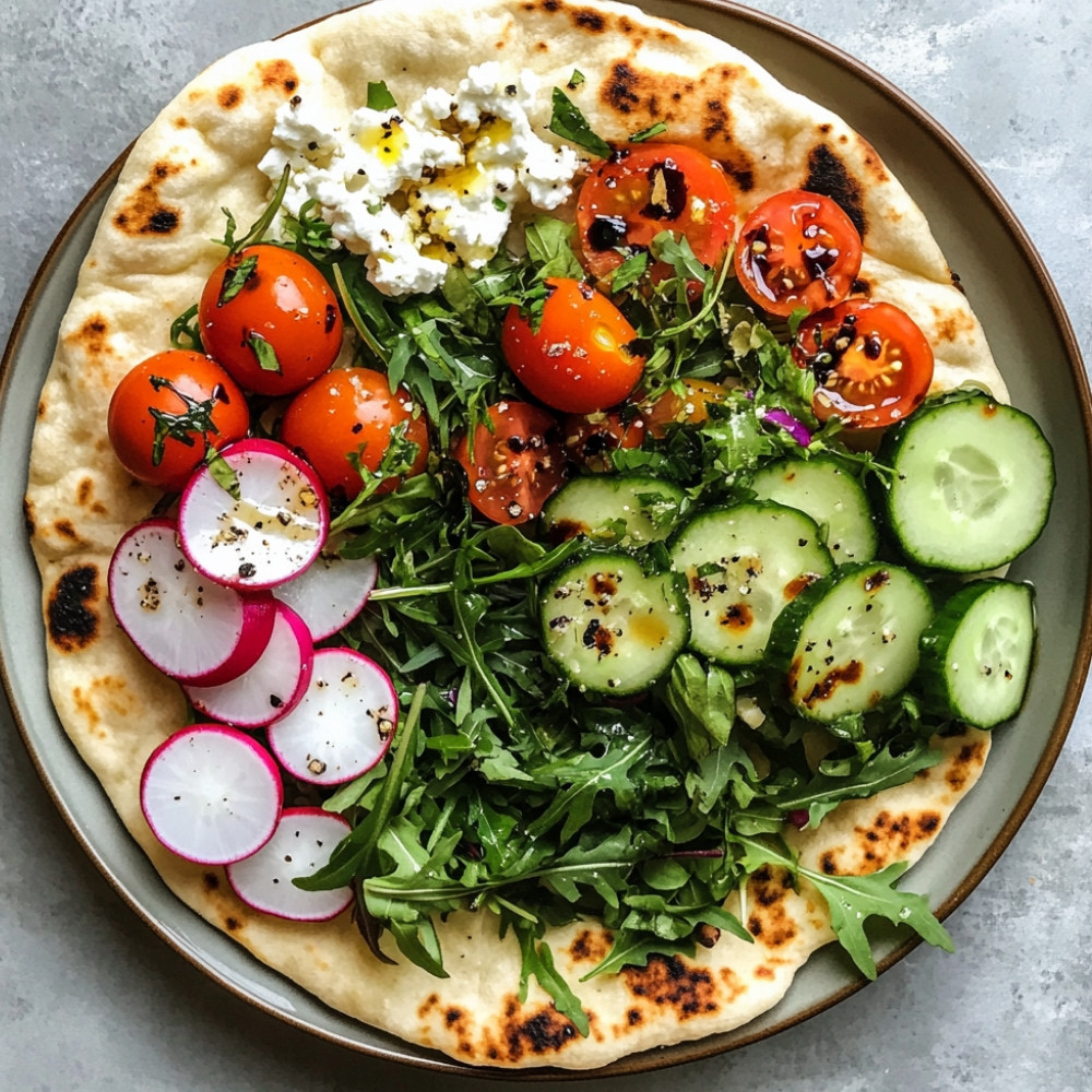 Pizza naan et sa salade printanière