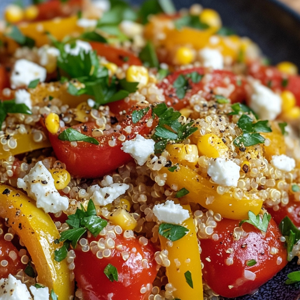 Poivrons farcis au quinoa, tomates, maïs et feta