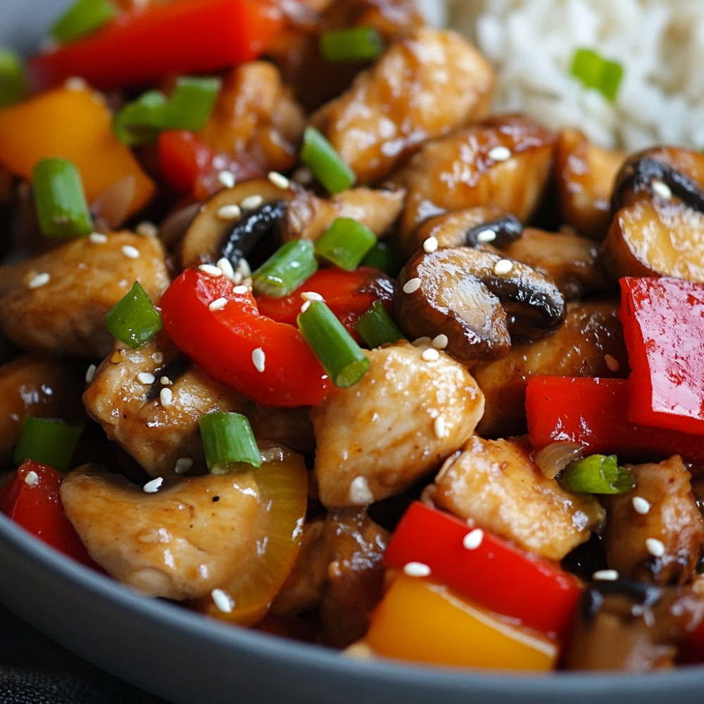 Poulet aux poivrons et champignons à l'asiatique