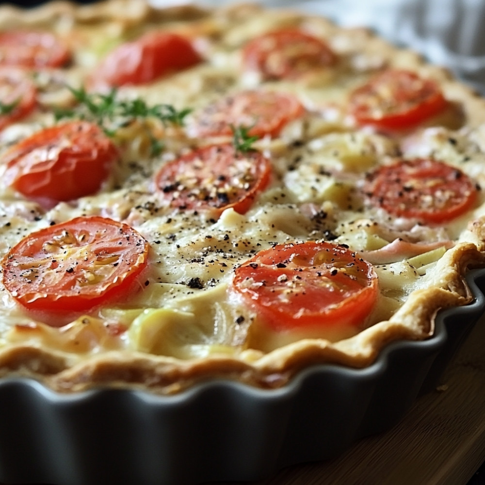 Quiche au thon, tomates et poireaux