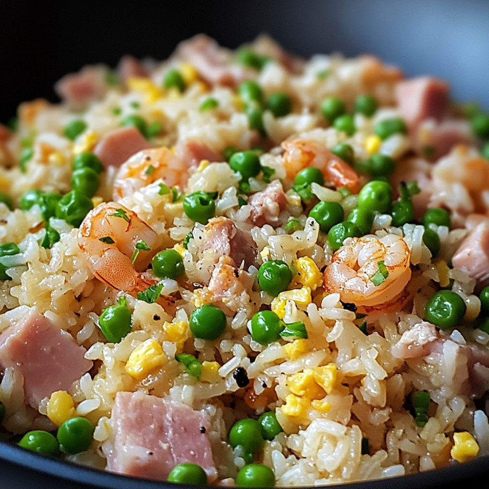 Riz sauté au jambon et crevettes