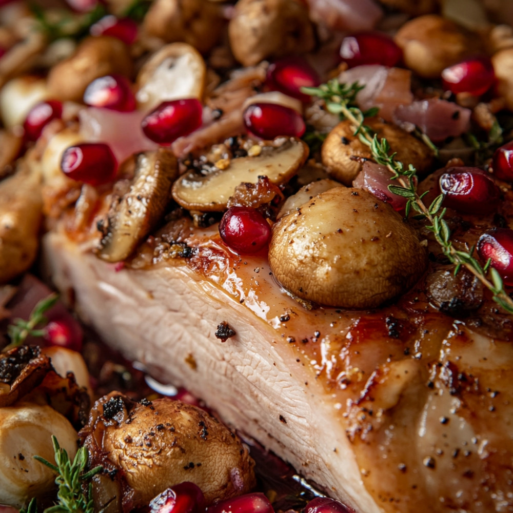 Rôti de dinde aux champignons, jambon cru et grenades