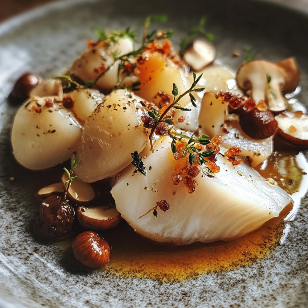 Saint-Pierre contisé de champignons, copeaux crus, éclats de noisettes