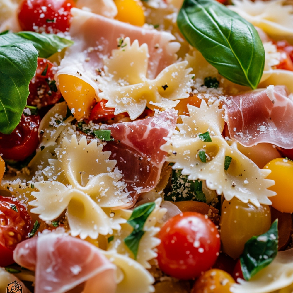 Salade de farfalles au prosciutto, tomates, basilic et légumes grillés