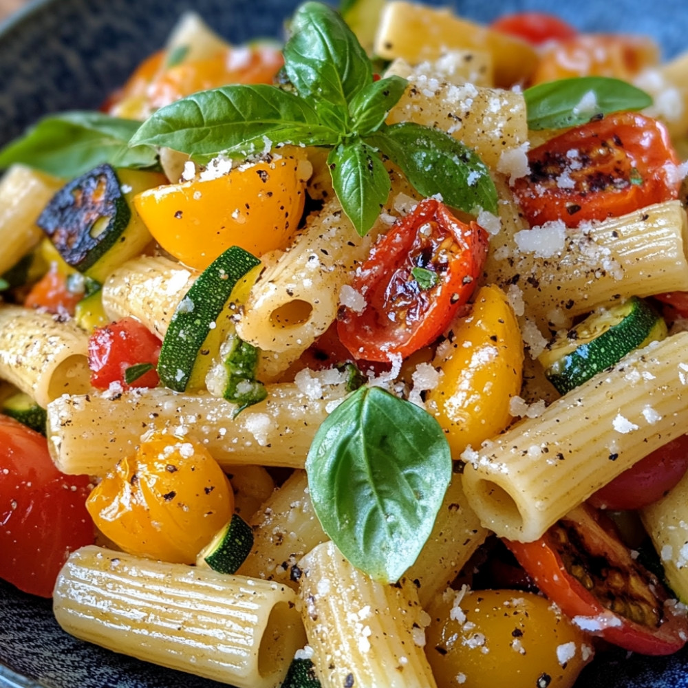 Salade de pâtes estivale aux tomates, courgettes et poivrons grillés