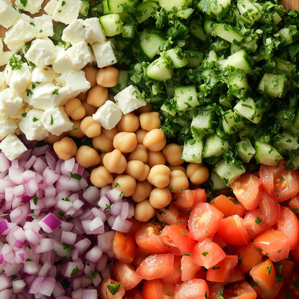 Salade de pois chiches, tomates, concombre et feta