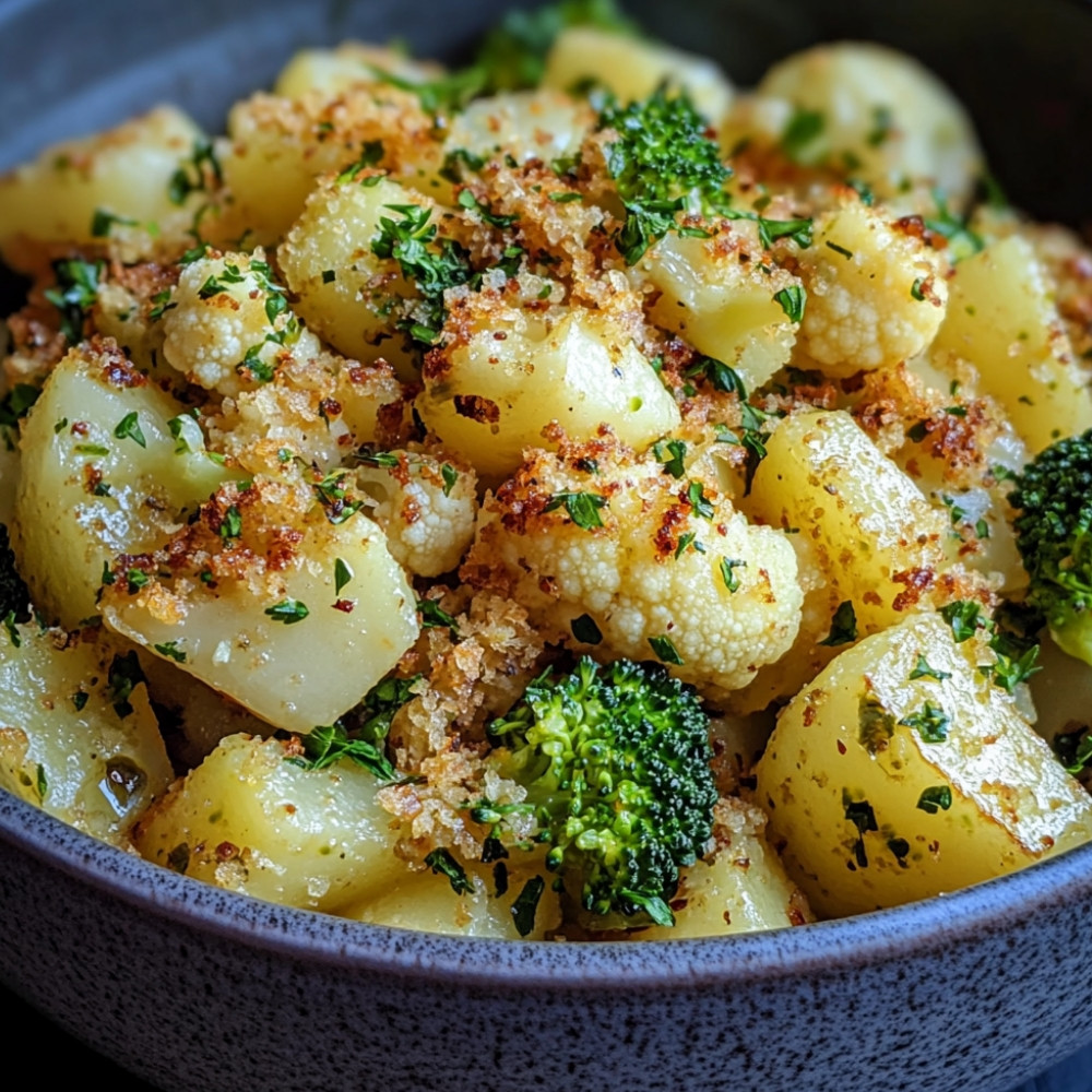 Salade de pommes de terre d'hiver avec burger de chou-fleur et de brocoli