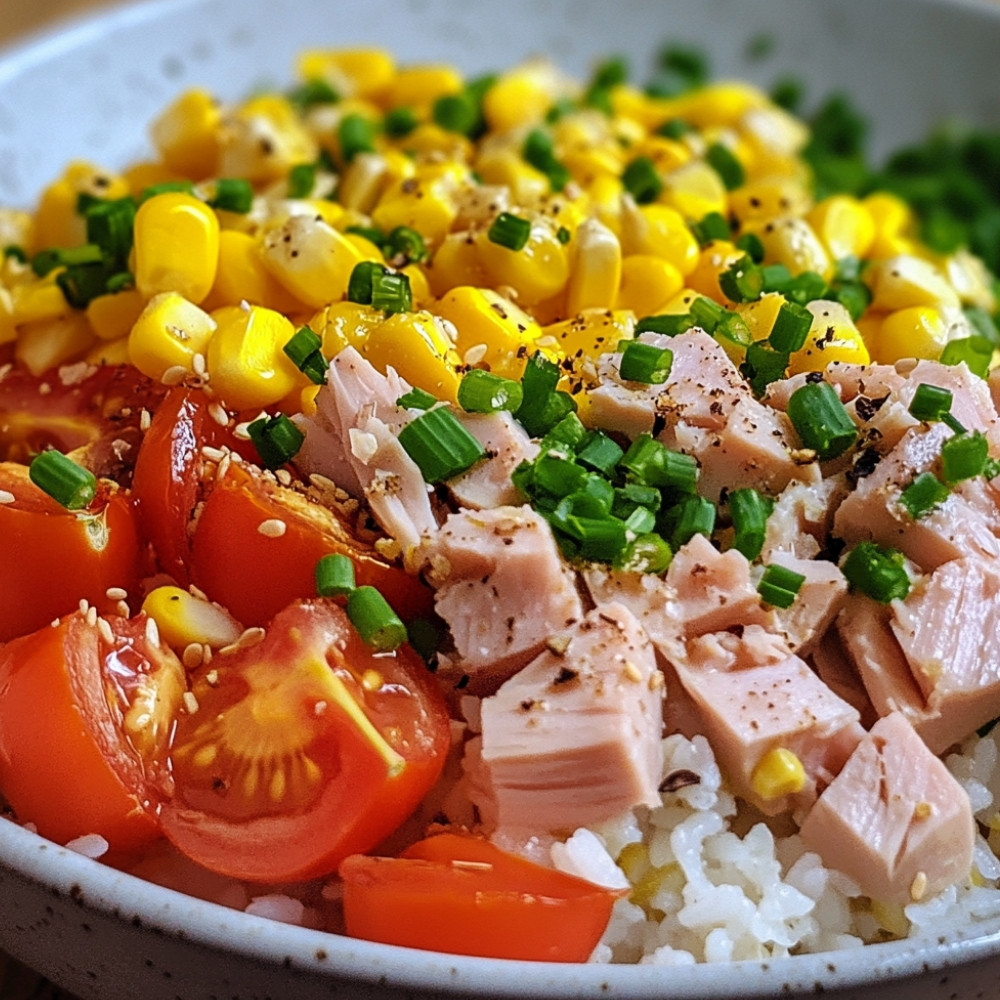 Salade de riz au maïs, tomates, œufs et thon