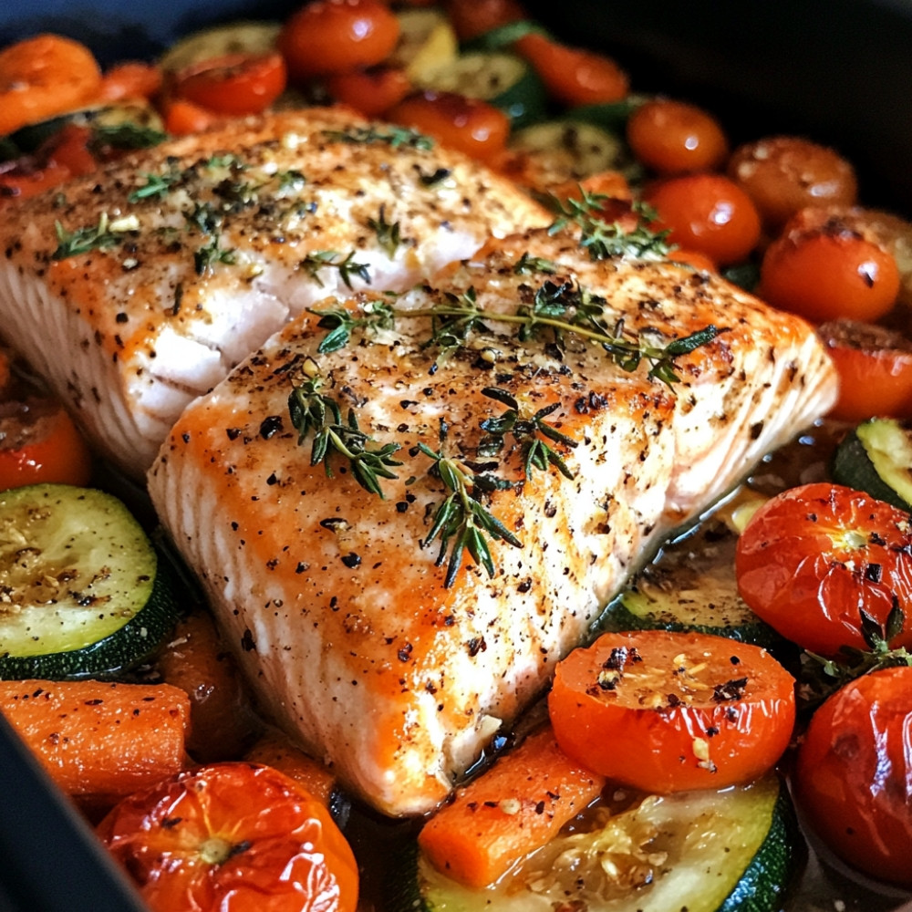 Saumon aux courgettes, carottes et tomates cerises au four