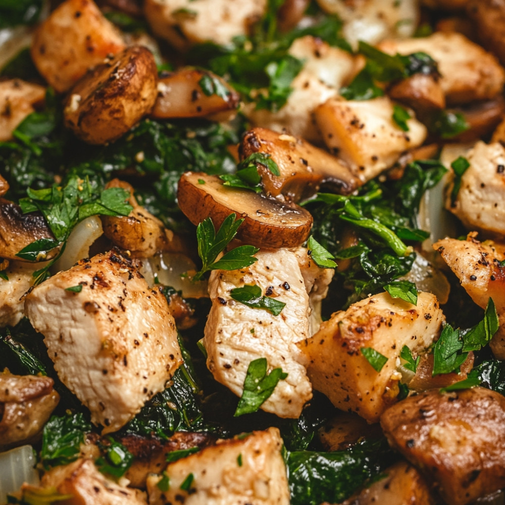 Sauté de poulet aux champignons et épinards à la crème