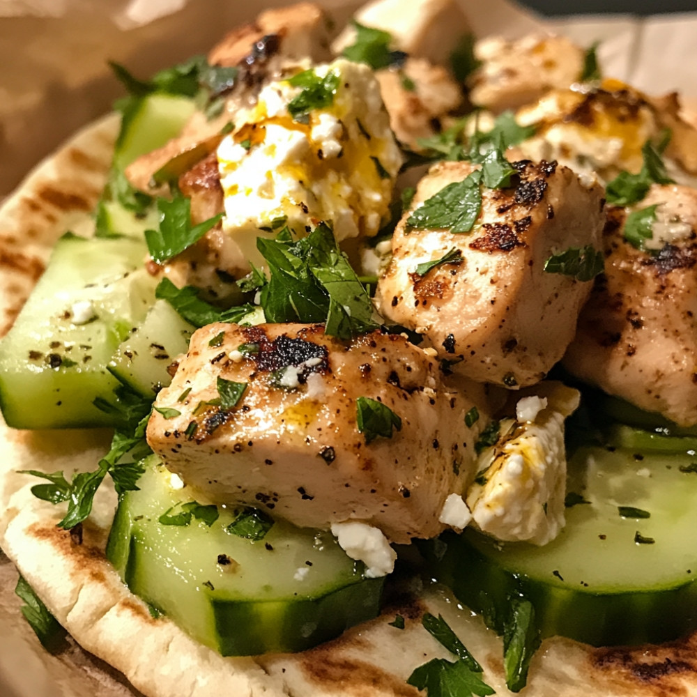 Souvlaki et pains pita concombre et feta fouettée