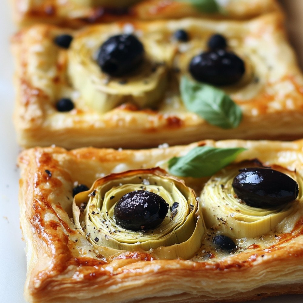 Tarte feuilletée aux artichauts, olives et parmesan