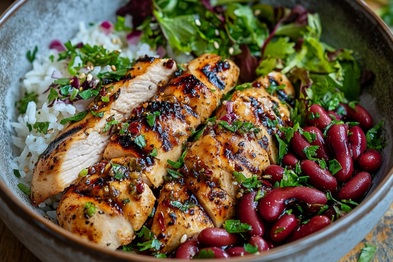 Aiguillettes de poulet marinées et salade de riz aux haricots rouges