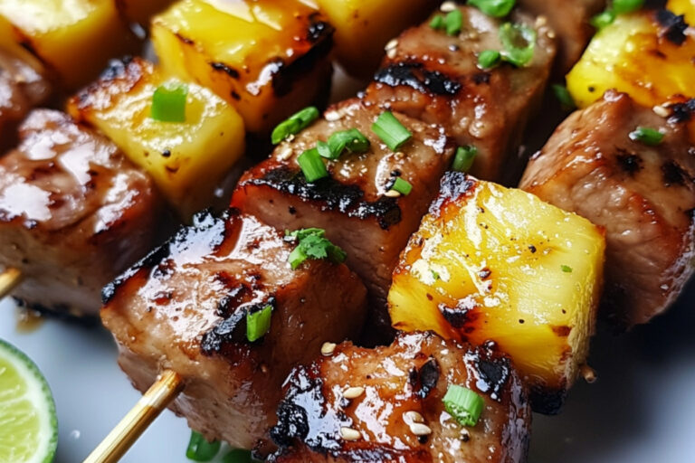 Brochettes de porc et ananas marinées et grillées au barbecue