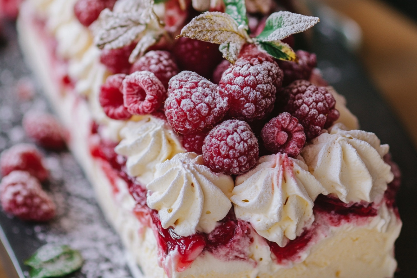 Bûche glacée vanille, meringues et cœur de framboise