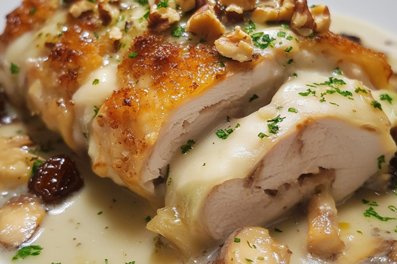 Cordon bleu et chicons farcis aux champignons et raisins, crumble aux noix et jus de viande