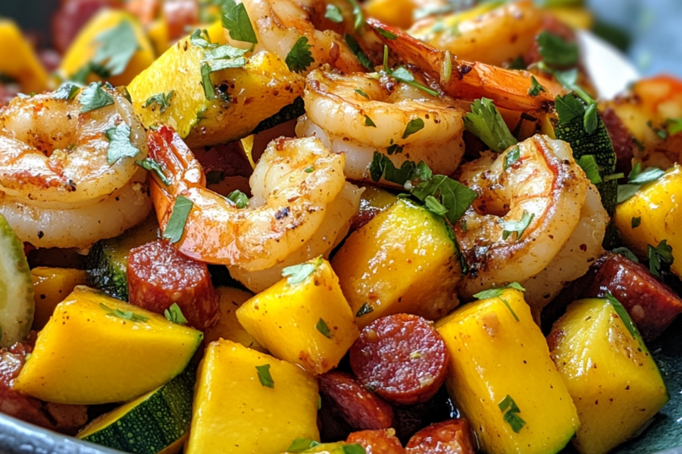 Crevettes chorizo mangue courgettes