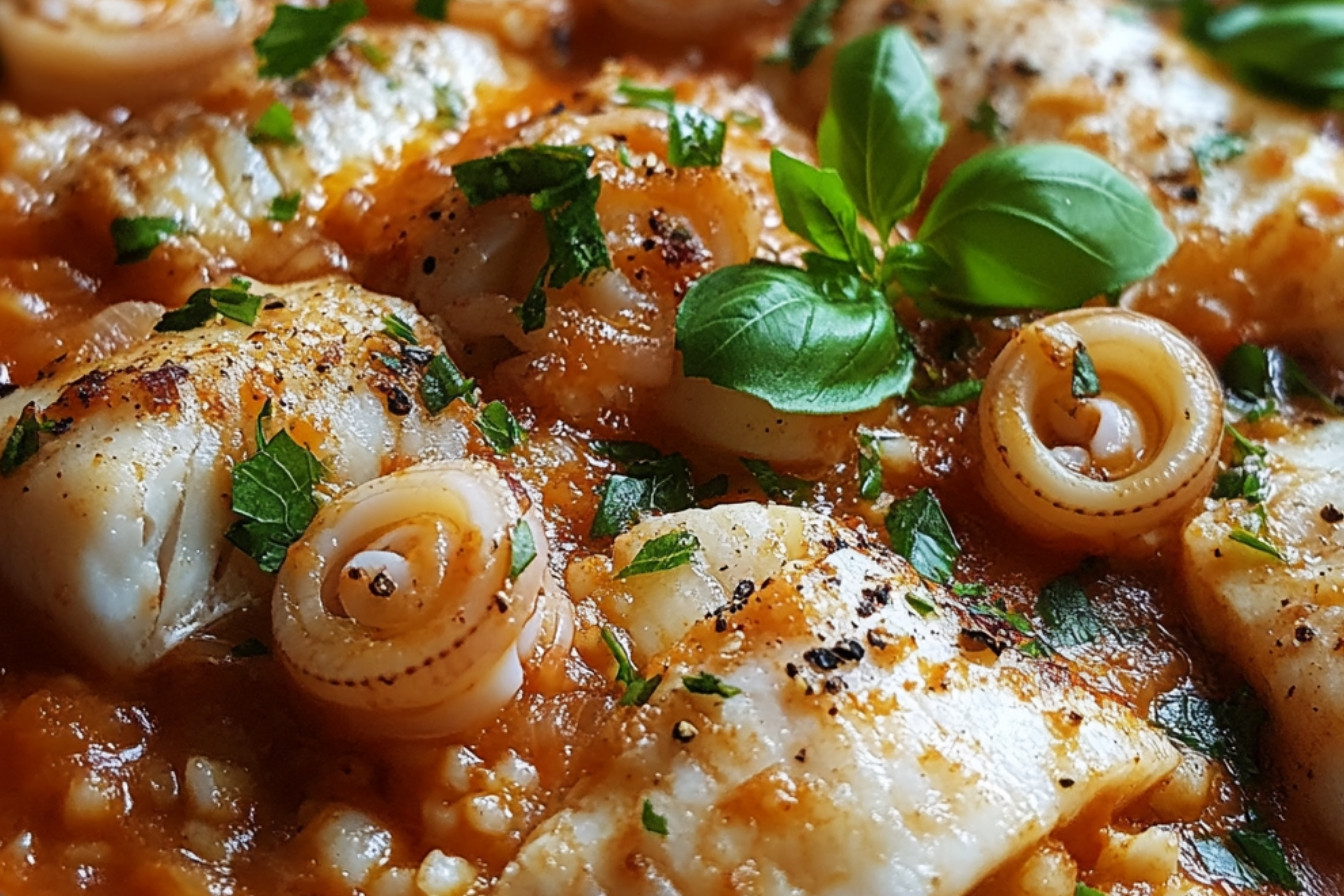 Encornets de poissons et riz à la sauce tomate