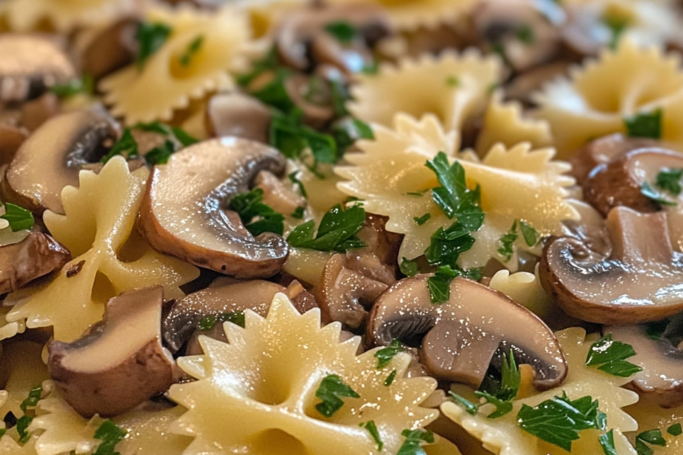 Farfalle aux champignons, crème et vin blanc