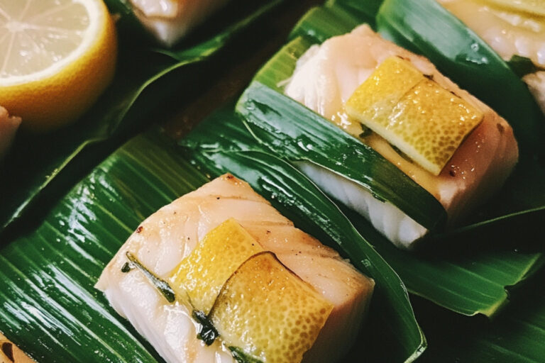 Filets de poisson sur feuilles de citronnier