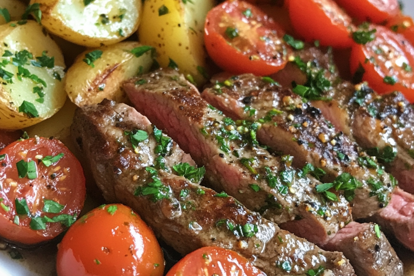 Onglet de boeuf poêlé au beurre, salade de pommes de terre et condiment de tomates