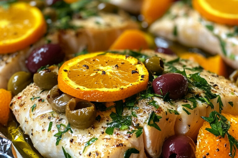 Papillote de poisson, petits légumes, oranges et olives