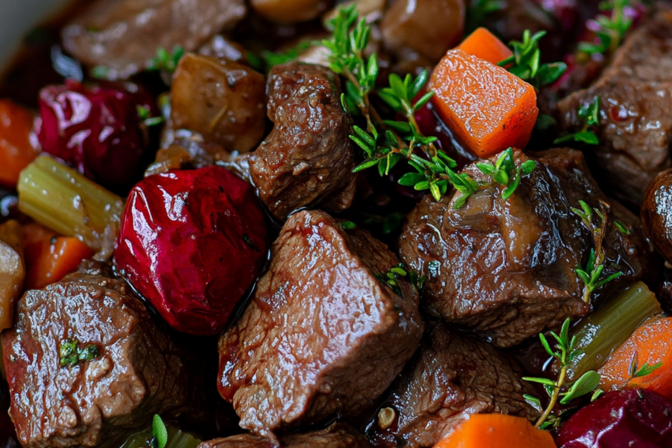 Pièce de bœuf, marinade vin et fruits rouges