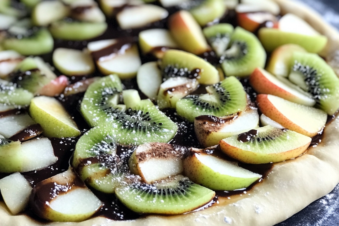 Pizza chocolat, pommes et kiwis