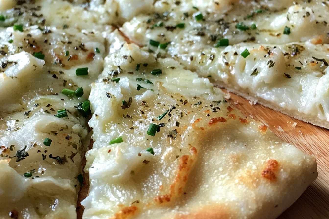 Pizza croustillante aux feuilles de chou, fromage frais et ail