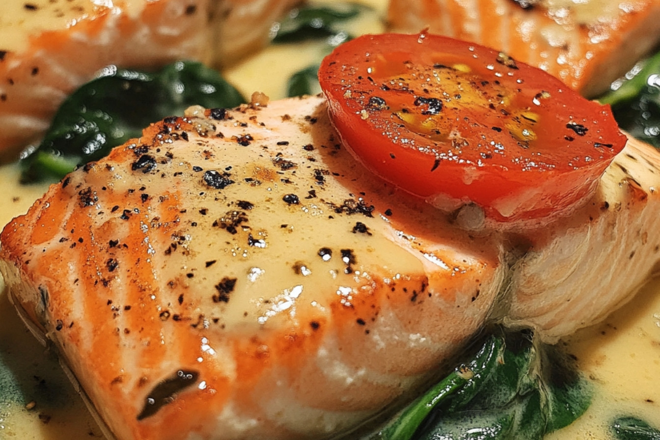 Plat de saumon en crème, tomates et épinards