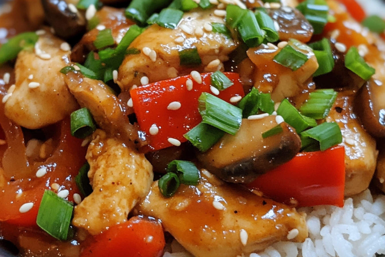 Poulet aux poivrons et champignons à l'asiatique