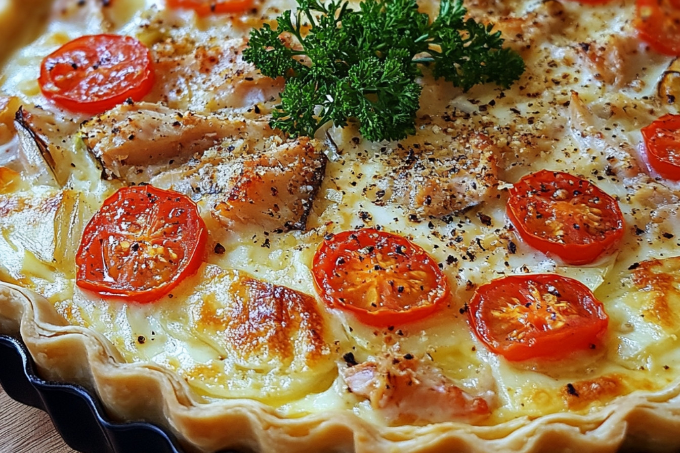 Quiche au thon, tomates et poireaux