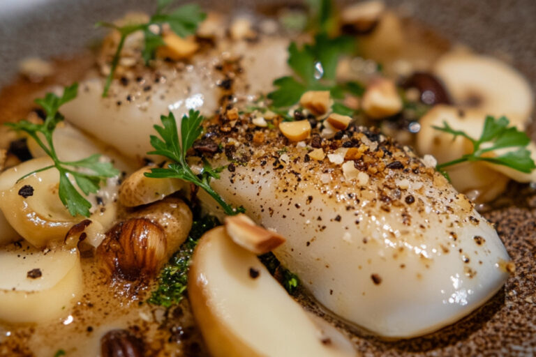 Saint-Pierre contisé de champignons, copeaux crus, éclats de noisettes