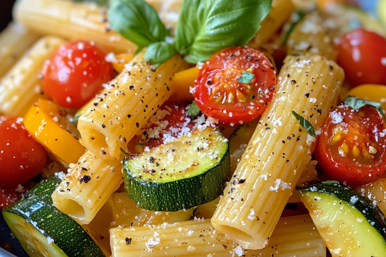 Salade de pâtes estivale aux tomates, courgettes et poivrons grillés