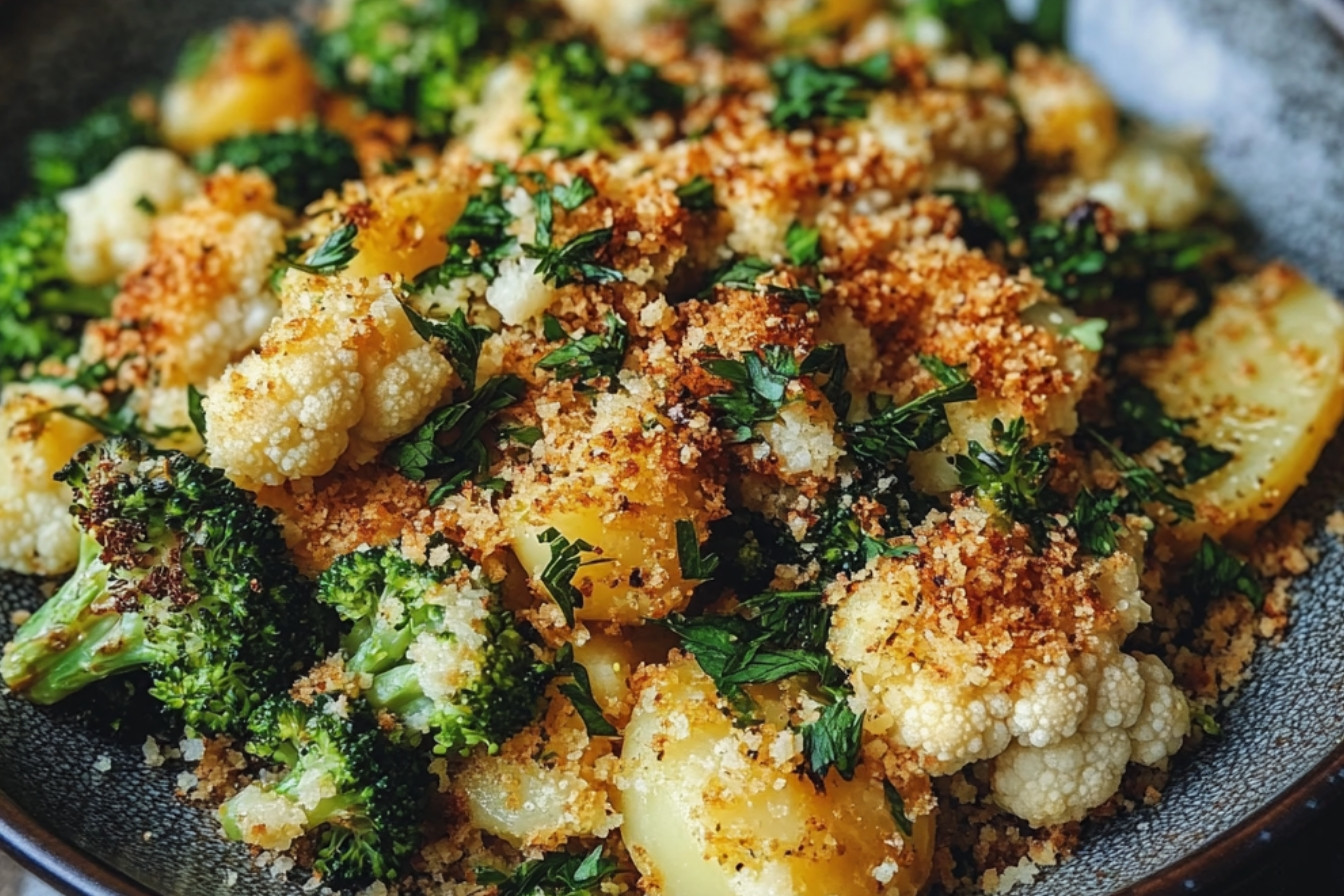 Salade de pommes de terre d'hiver avec burger de chou-fleur et de brocoli
