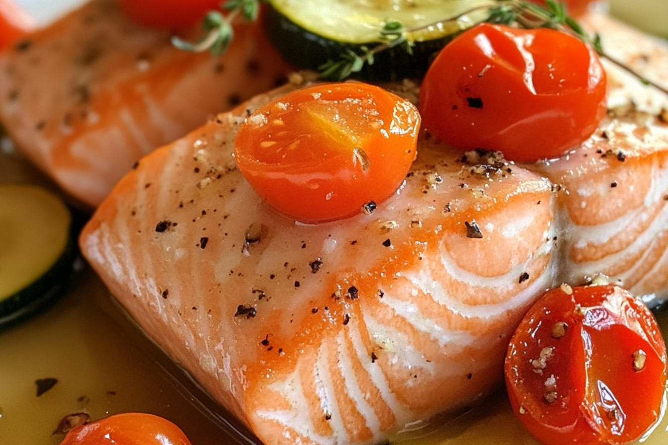 Saumon aux courgettes, carottes et tomates cerises au four