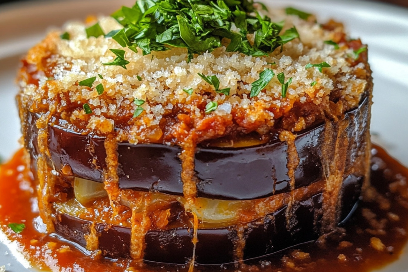 Timbale d'aubergines à la viande hachée et sauce tomate