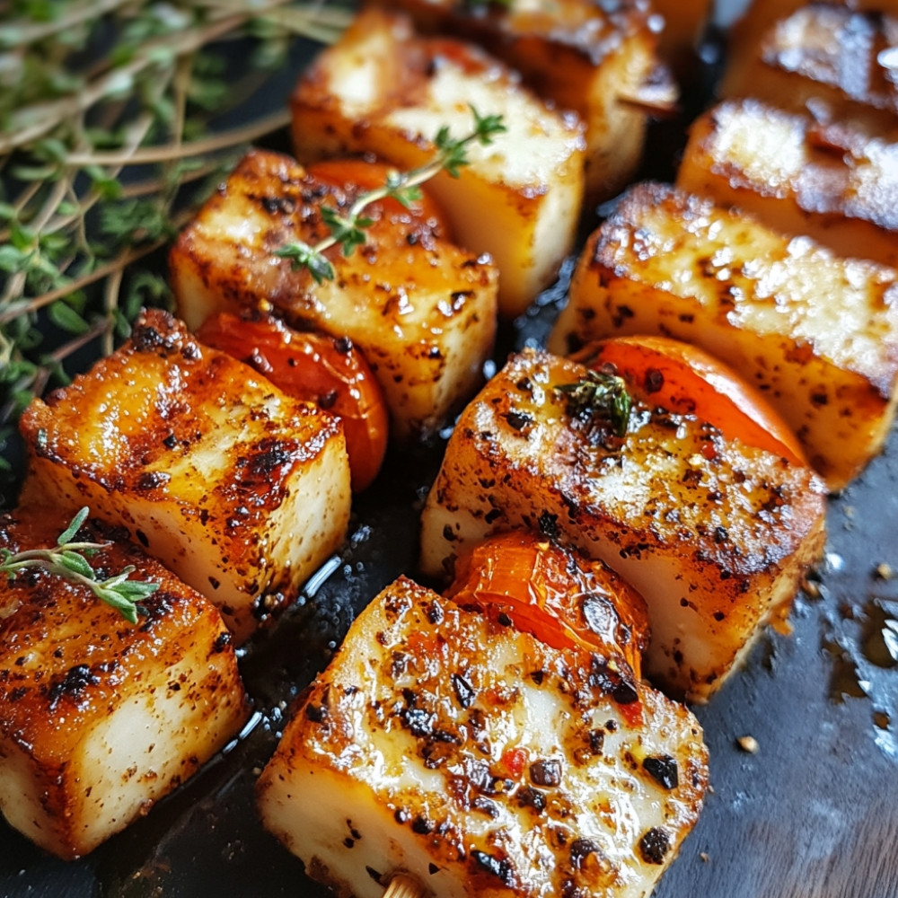 Brochettes de porc et halloumi marinées à la bière