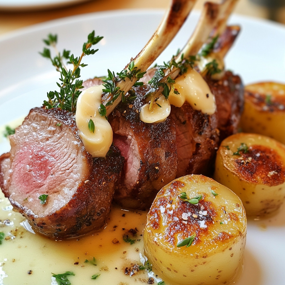 Carré d'agneau avec sauce à la bière et purée aux fines herbes