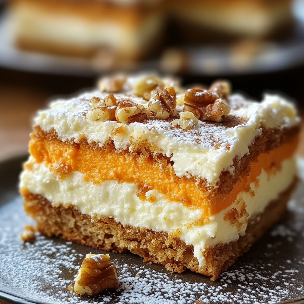Carrés de gâteau aux carottes et fromage sur la plaque