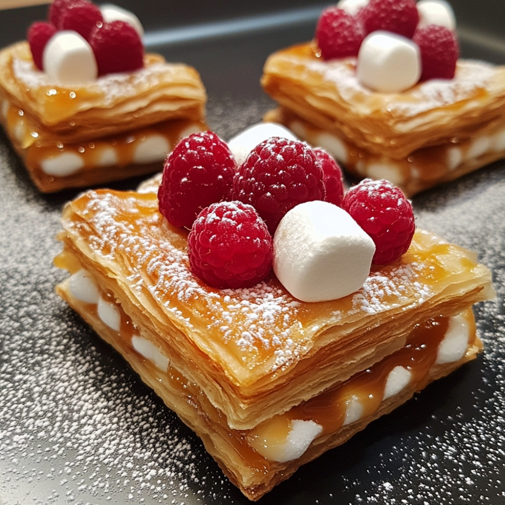 Feuilletés aux guimauves, framboises et caramel