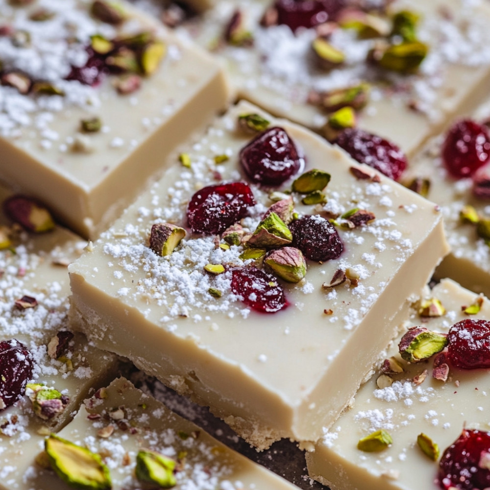 Fudge au chocolat blanc, canneberges et pistaches