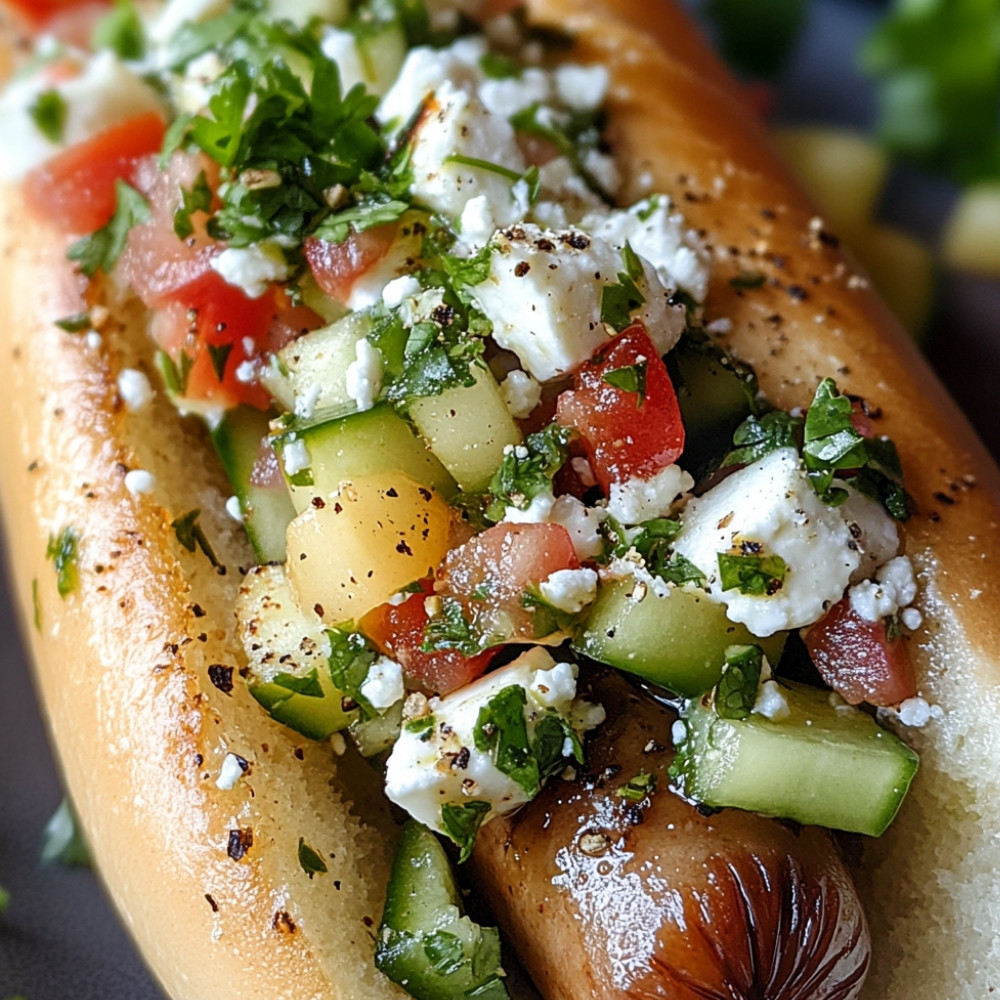 Hot-dog au boudin blanc, salsa pommes-concombre et vinaigrette à la feta