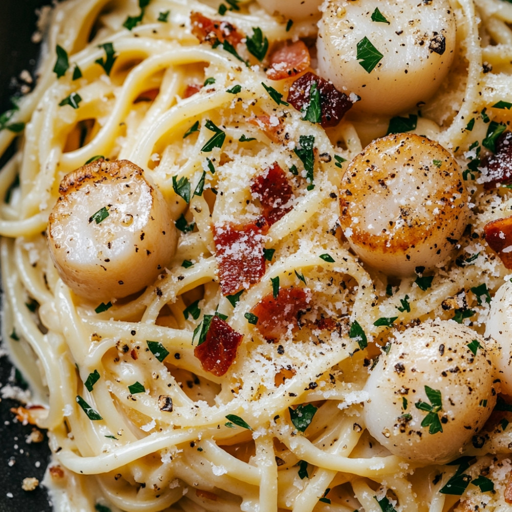Linguine aux pétoncles dans une sauce carbonara