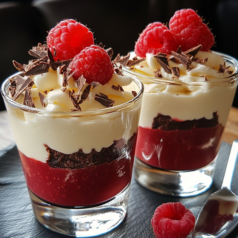 Mousse étagée aux deux chocolats et framboises