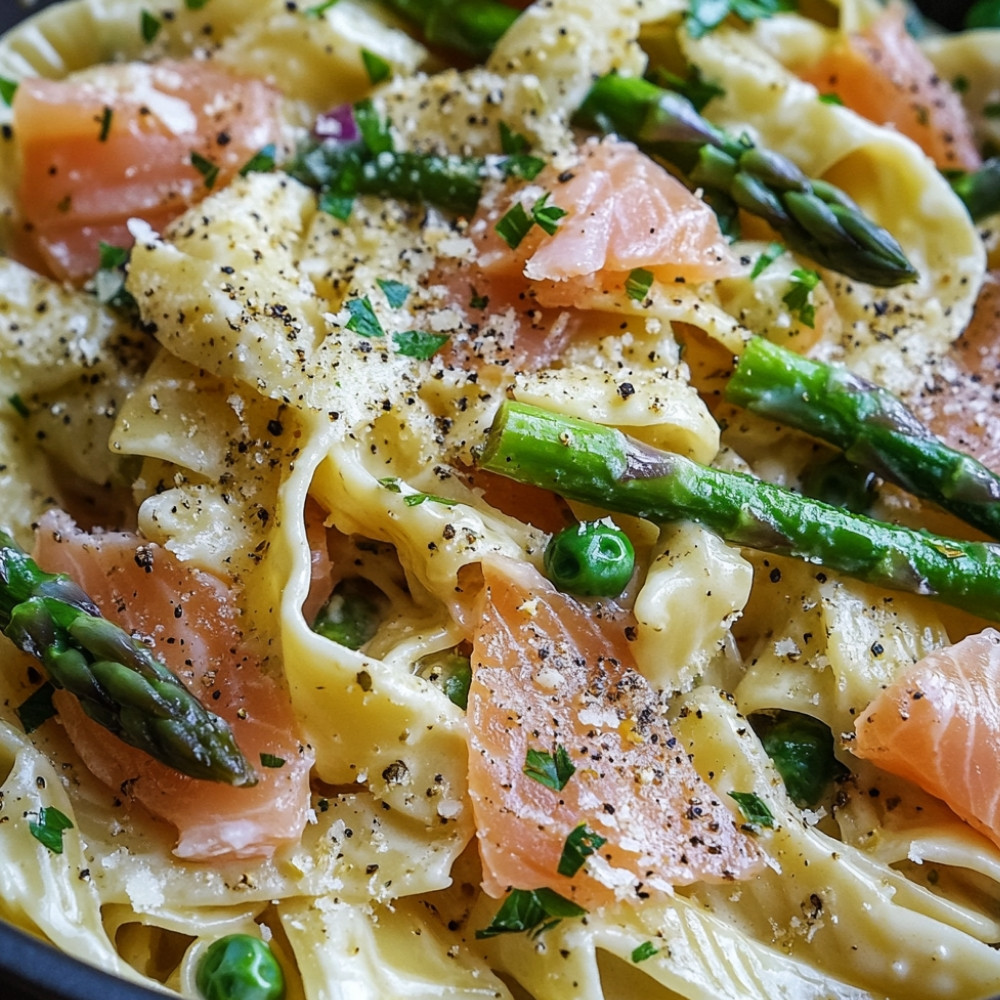 One pot pasta au saumon fumé, asperges et citron