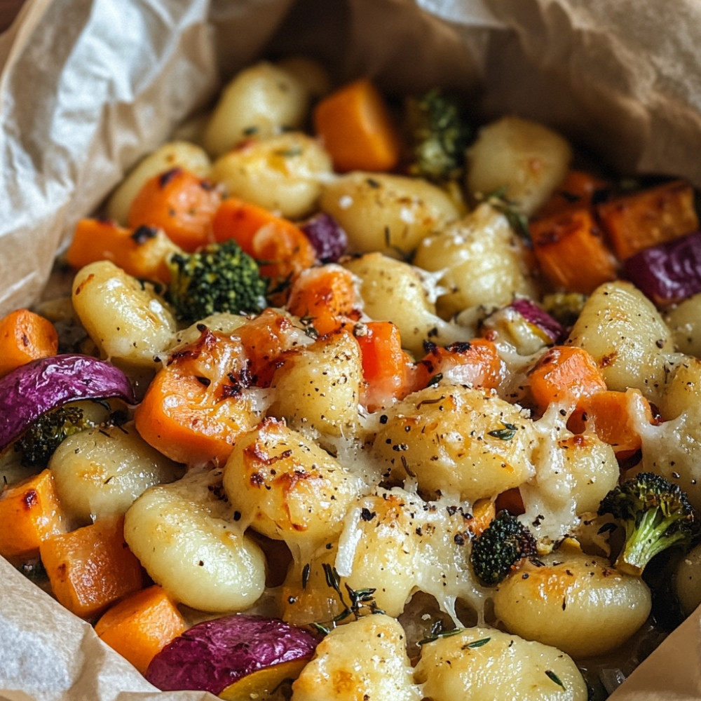 Papillote de gnocchis, légumes et fromage en grains