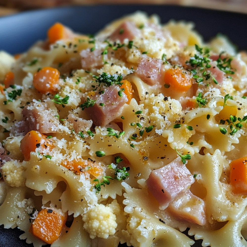 Pâtes sauce chou-fleur, carottes, dés de jambon croustillants et germes de brocoli