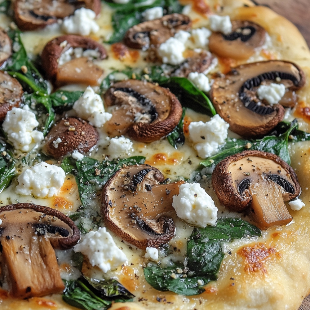 Pizza aux champignons, épinards et fromage de chèvre
